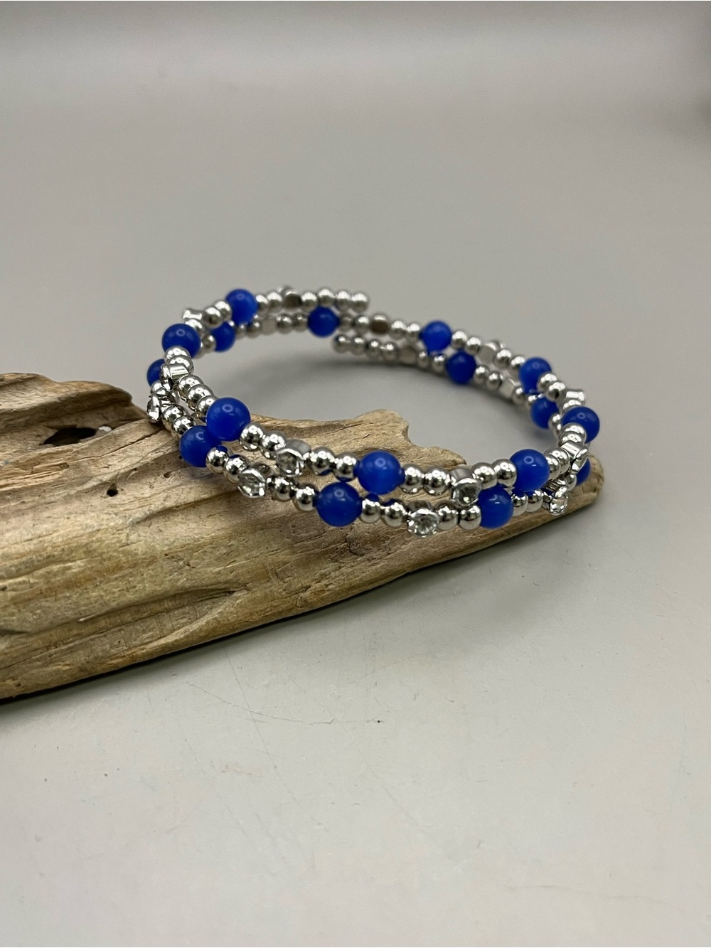 Cobalt Blue Beaded Memory Wire Wrap Bracelet | Silver Tone Crystal Accent Coil